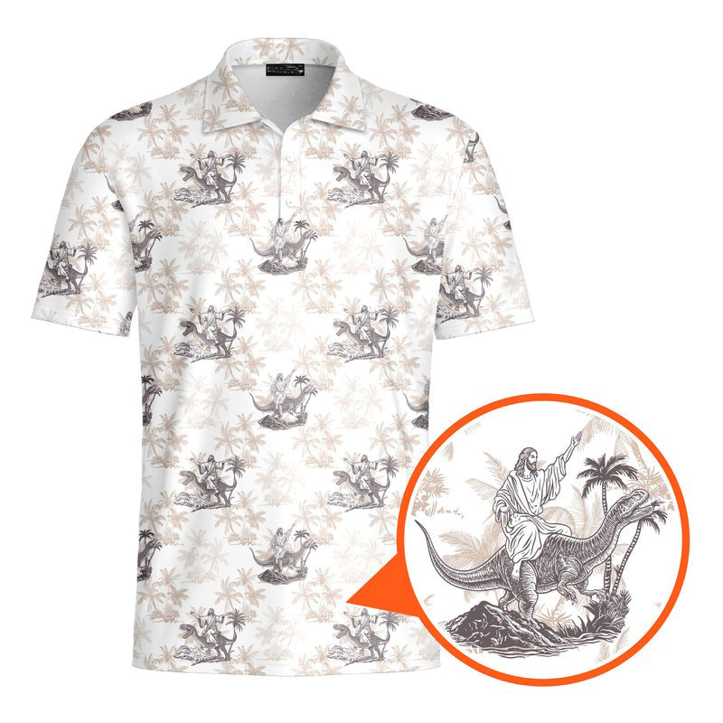 Jesus Riding Dinosaur - Funny Golf Polo Shirt